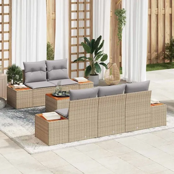 vidaXL Havesofa Sæt 6 stk med Opbevaring, Beige Poly Rattan