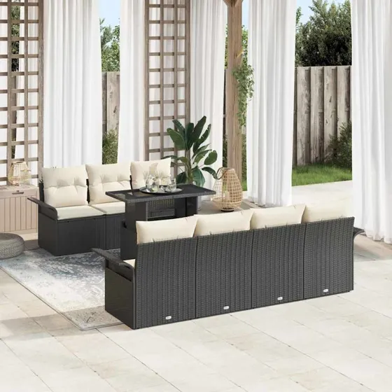 vidaXL Havesofa Sæt 8 stk med Pude og Opbevaring, Sort Poly Rattan