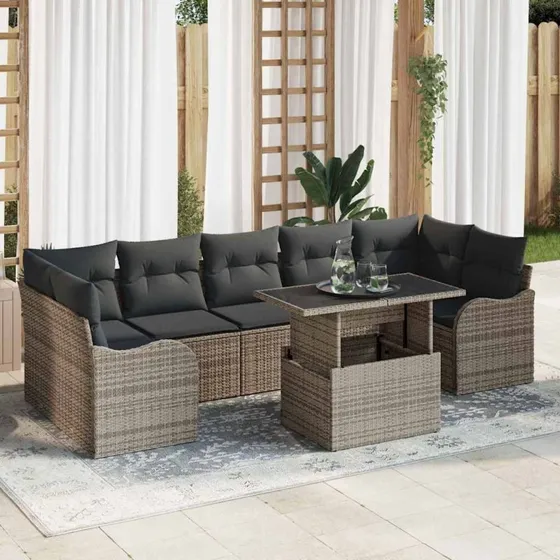 vidaXL Havesofa Sæt 8 pcs Grå Poly Rattan med Pude og Opbevaring