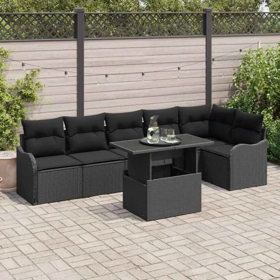 vidaXL Havesofa Sæt 7 stk Sort Poly Rattan