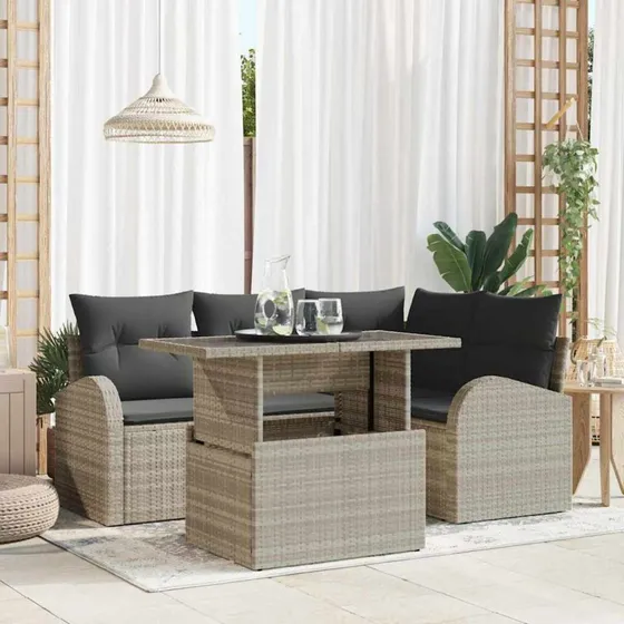 vidaXL Havesofa Sæt 5-pces Lysegrå Poly rattan med opbevaring