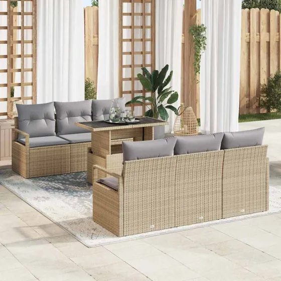 vidaXL Havesofa Sæt 7 pcs Beige Poly Rattan med Opbevaring