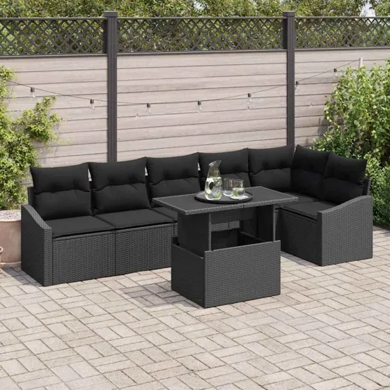 vidaXL Havesofa Sæt 7 stk Sort polyrattan & pulverlakeret stål