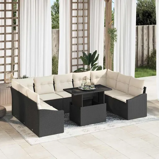 vidaXL Havesofa Sæt 10 pc Sort/Cream med opbevaring