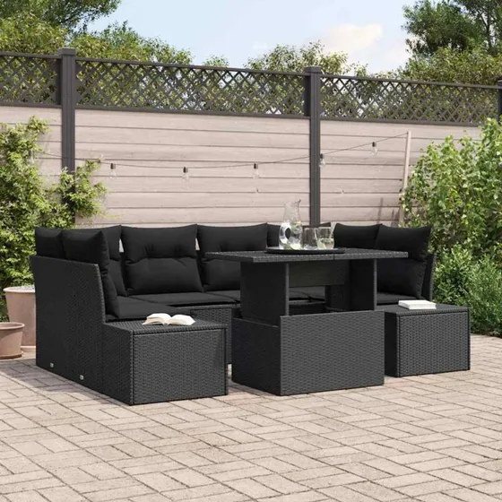 vidaXL Havesofa Sæt 7 stk Sort Poly Rattan & Stål