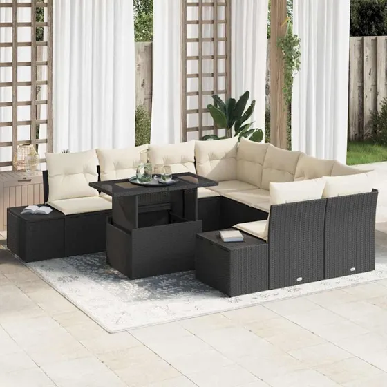 vidaXL Havesofa Sæt 9 pcs Sort og Cream Poly Rattan