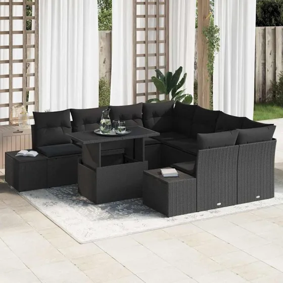 vidaXL Havesofa Sæt 9 pcs Sort PolyRattan med Opbevaring