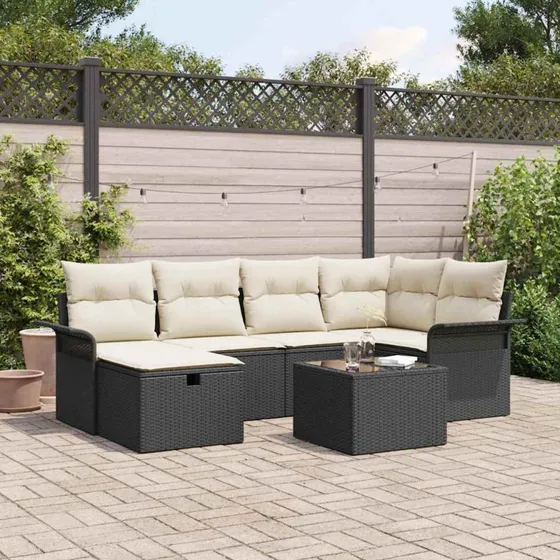 vidaXL Havesofa Sæt 7 pc Sort/Cream Poly Rattan