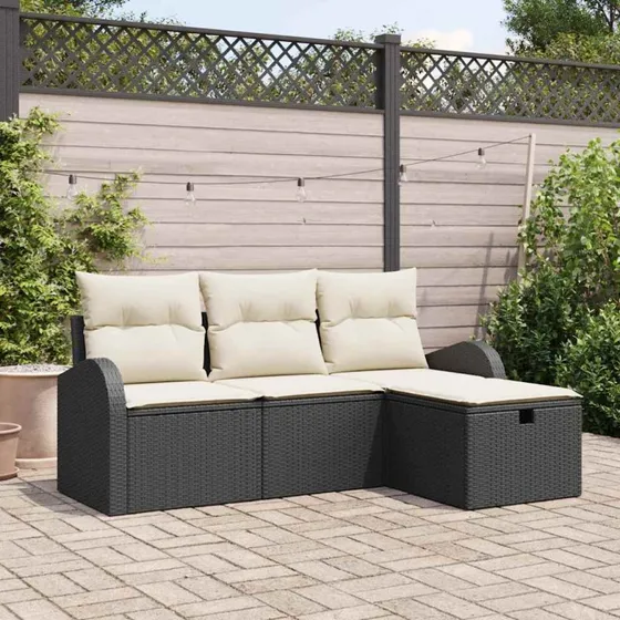 vidaXL Sofa Sæt 4-pcs Sort/Cream Poly Rattan med Opbevaring