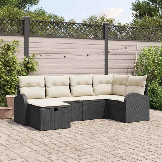vidaXL 6-pces Havesofa Sæt Sort/Cream med Opbevaring, Poly Rattan