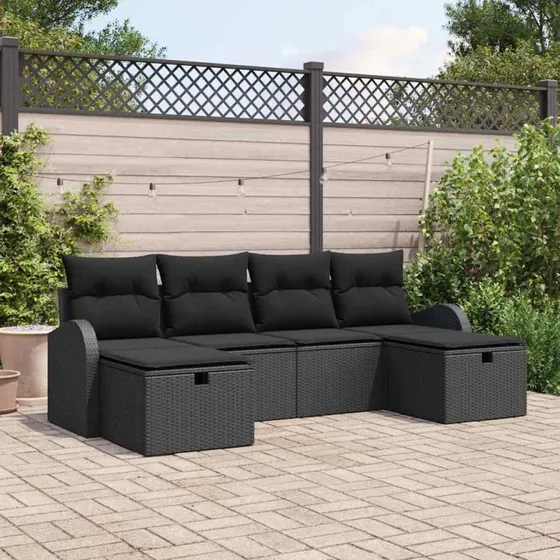 vidaXL Sofa Sæt 6-pcs Sort Poly Rattan med Opbevaring