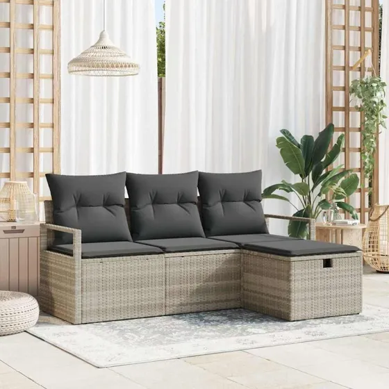 Poly Rattan Havesofa Sæt 4 stk Lysegrå 175x117x85 cm