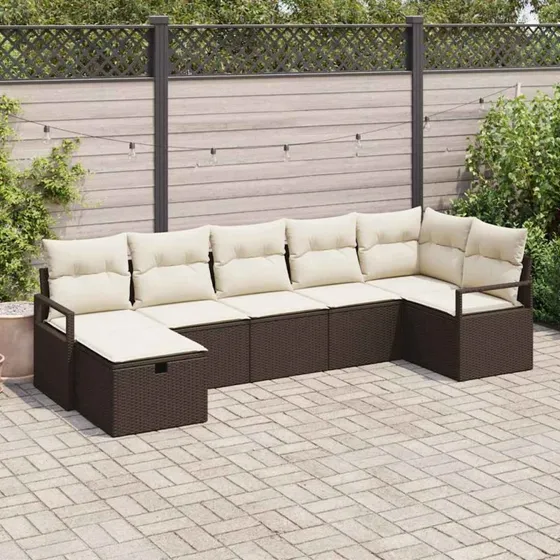vidaXL 7-delssæt Havesofa med opbevaring, Brun/Creme, polyrattan