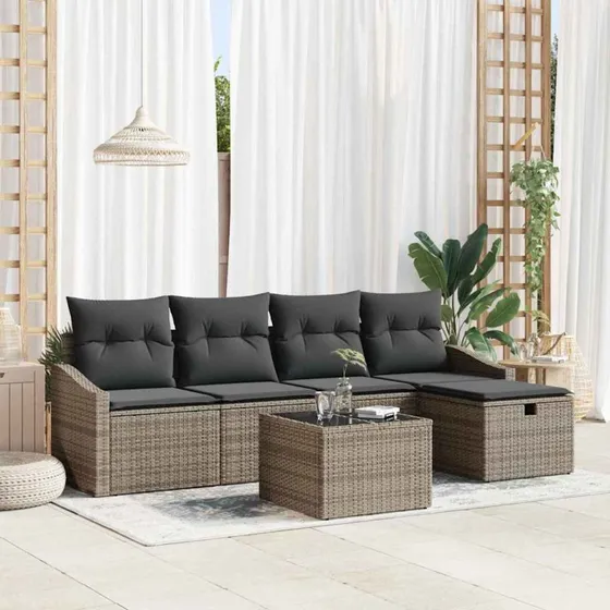 Polyrattan Havsofa Sæt 6-stk Lysegrå/Mørkegrå med Opbevaring