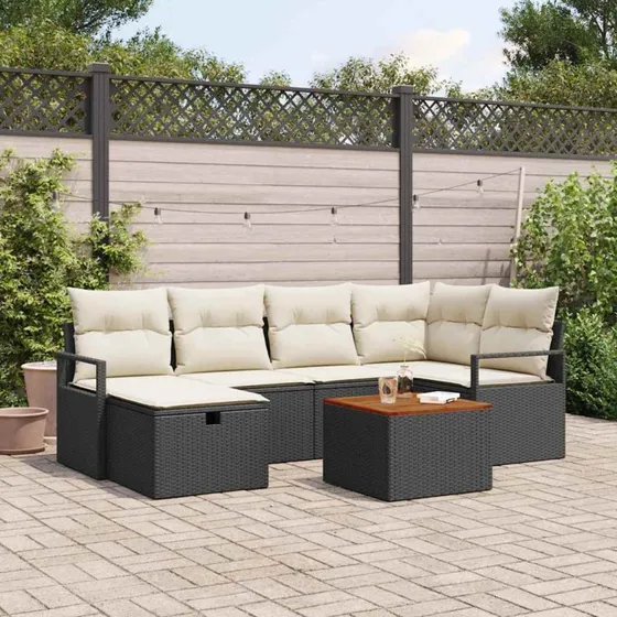 vidaXL Havesofa Sæt 7 stk med opbevaring, Sort polyrattan