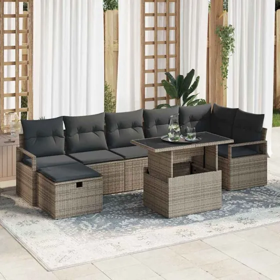 Havesofa Sæt Med Opbevaring 8 Dele Poly Rattan - Beige/Lysegrå