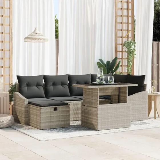 Havesofa Sæt med pude med opbevaring 7 stk Lysegrå Poly rattan