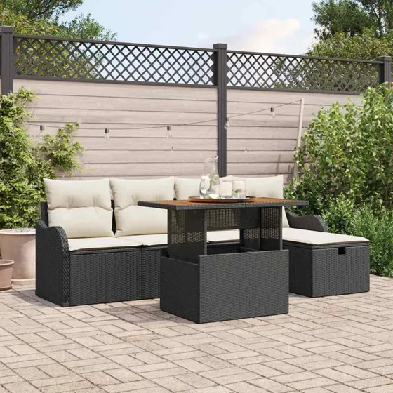 vidaXL Havesofa Sæt 6 stk med opbevaring, Sort polyrattan