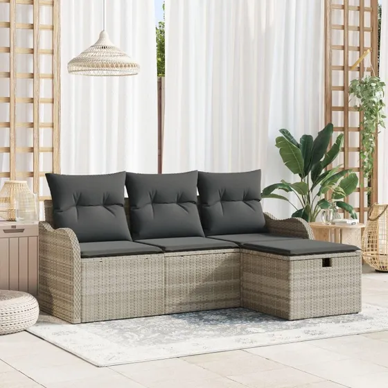 Havesofa Sæt med pude med opbevaring 4 stk Lysegrå Poly rattan