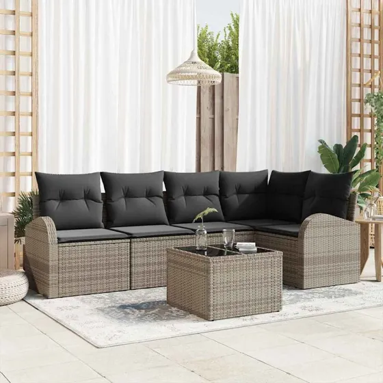vidaXL Grå Poly Rattan Havesofa Sæt med Pude 6 stk
