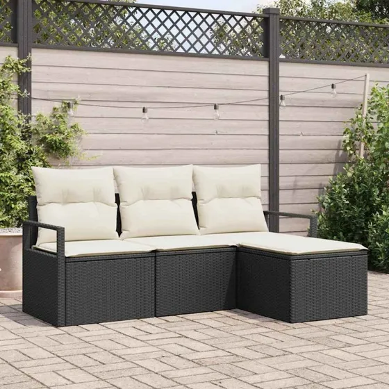 vidaXL Havesofa Sæt 4-del, Sort Poly Rattan med Pude