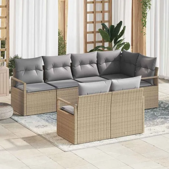 vidaXL 7-delssæt Beige Poly rattan Havesofa