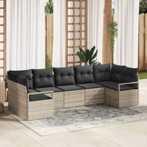 vidaXL 7-delssæt Lysegrå Poly rattan Havesofa