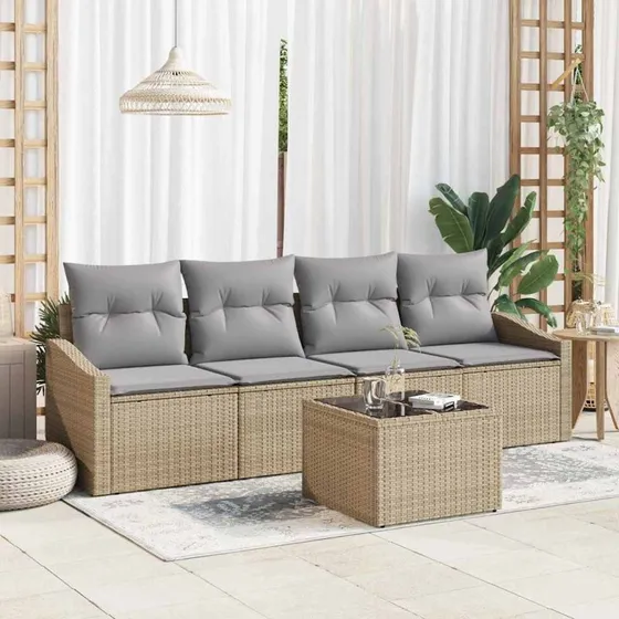 vidaXL 5-pces Havesofa Sæt med Pude, Beige og Lys Grå, Polyretan