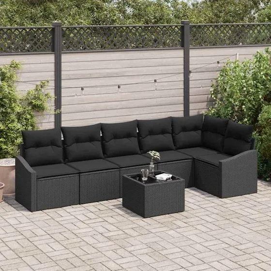 vidaXL Havesofa-sæt 7-deligt Sort Polyrrattan
