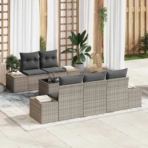 vidaXL Havesofa Sæt 6 stk Grå Poly rattan med Pude