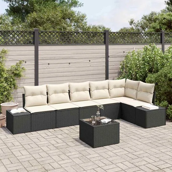 vidaXL Havesofa Sæt 7 pc Sort/Cream Poly rattan