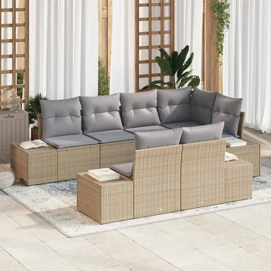 vidaXL Havesofa Sæt 7 pc Beige/Grå Poly Rattan