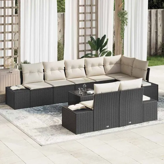vidaXL Havesofa Sæt 9 pcs Sort og Cream Poly rattan