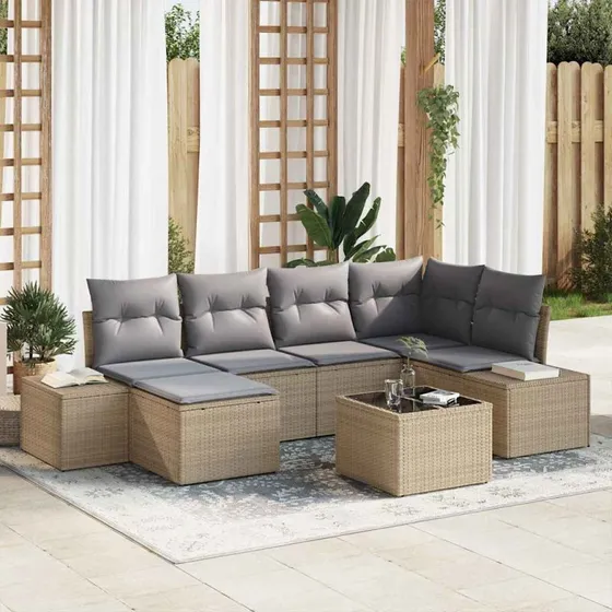 vidaXL Havesofa Sæt 7 deler Beige og Grå Poly Rattan