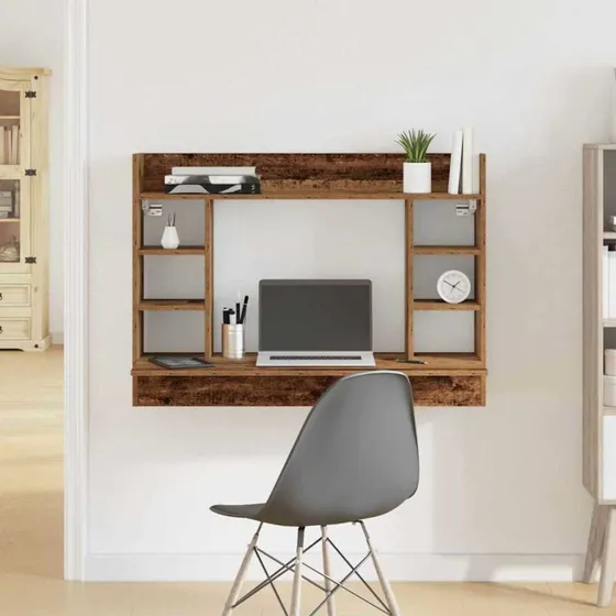 vidaXL Væghængt skrivebord med hylde, gammelt træ, 105 x 48 x 75 cm