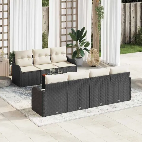 vidaXL Havesofa Sæt 8 pc Sort Poly rattan med pude