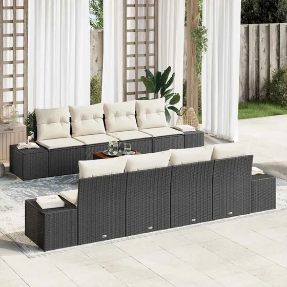 vidaXL Havesofa Sæt 9 pcs Sort Poly rattan med pude