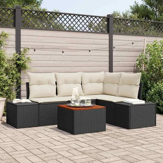 vidaXL Havesofa Sæt 5-del, Sort Poly Rattan med Akacietræ
