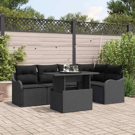 vidaXL Spisestuesæt 6-pc Sort Poly Rattan
