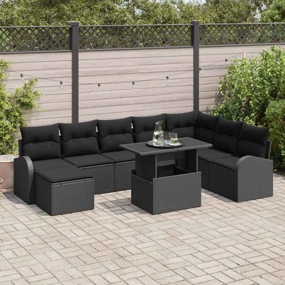 vidaXL Havesofa Sæt 9 pc Sort Polyrattan og Stål