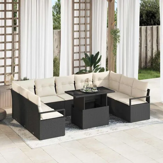 vidaXL Havesofa Sæt 10 pcs Sort og Cremefarvet Poly Rattan