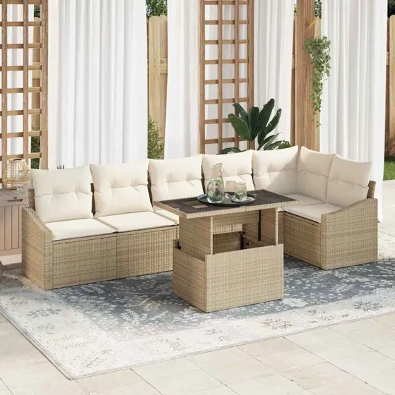 vidaXL Havesofa Sæt 7 stk Beige/Creme Poly Rattan