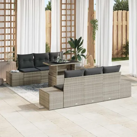 vidaXL 7-delssæt Sofa med Pude Lysegrå PolyRattan