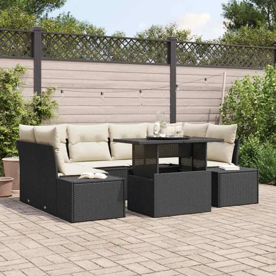 vidaXL 7-delssæt Sofa Poly Rattan Sort/Cream