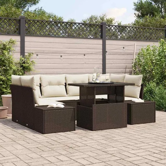 vidaXL Havesofa Sæt 7 stk Brun/Creme PolyRattan