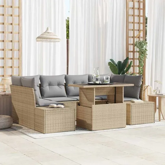 vidaXL 7-delssæt Sofa med Pude Beige/Lys Grå Poly Rattan