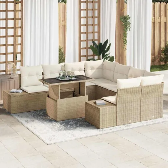 vidaXL Havesofa Sæt 9 stk Beige/Creme PolyRattan