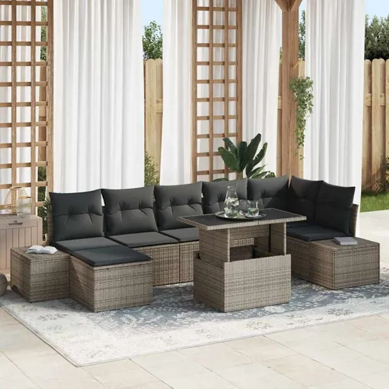vidaXL Havesofa Sæt 8 del, Grå Poly Rattan, Pulverlakeret Stål & Glas