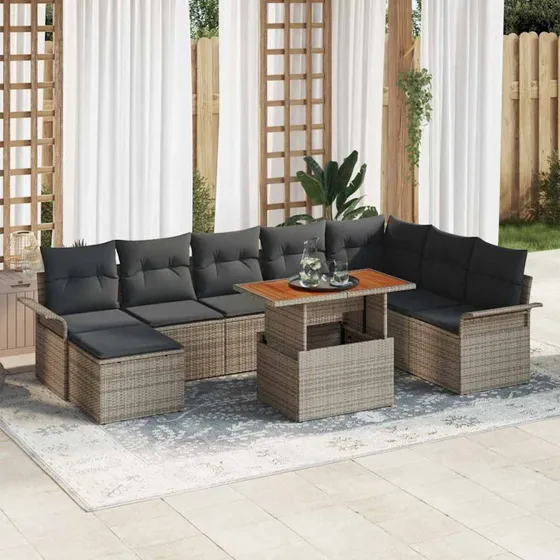 vidaXL Havesofa Sæt 9 dels Grå Polyrattan og Pulverlakeret Stål