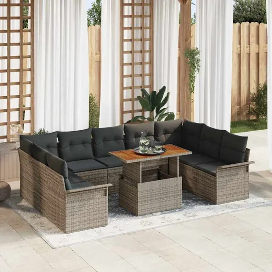 vidaXL Havesofa Sæt 10 del, Grå, Poly rattan & pulverlakeret stål